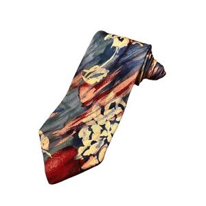 VTG Serica Handmade in Italy Neck Tie 100% Silk Red Blue Floral Retro Pattern
